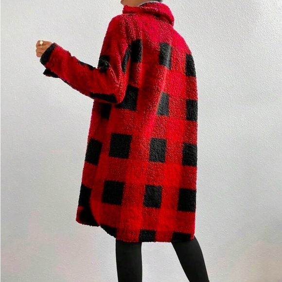 Plaid Print Drop Shoulder Teddy Coat - Picture 2 of 3